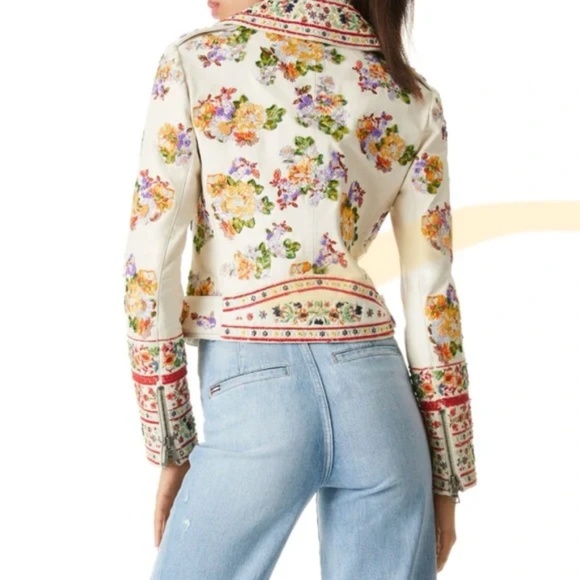 Alice + Olivia Cody Embellished Moto Leather Jacket Floral White - Picture 3 of 11
